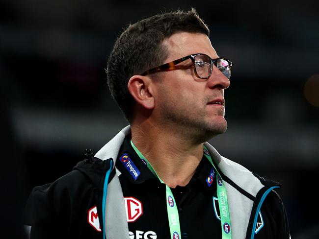 MELBOURNE, AUSTRALIA - JUNE 30: Josh Carr, the assistant coach of the Power looks on during the round 16 AFL match between St Kilda Saints and Port Adelaide Power at Marvel Stadium, on June 30, 2024, in Melbourne, Australia. (Photo by Quinn Rooney/Getty Images)