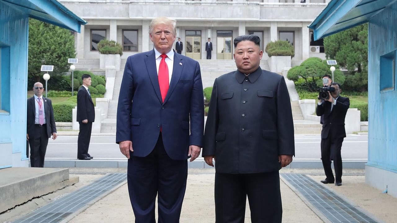 North Korea's leader Kim Jong-un with Donald Trump at the DMZ in 2019. Picture: KCNA / AFP