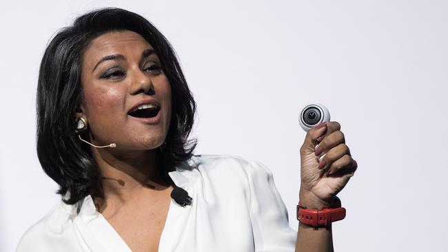 Suzanna De Silva, director of Samsung product strategy, shows off the company’s new 360-degree camera. Picture: Getty Images