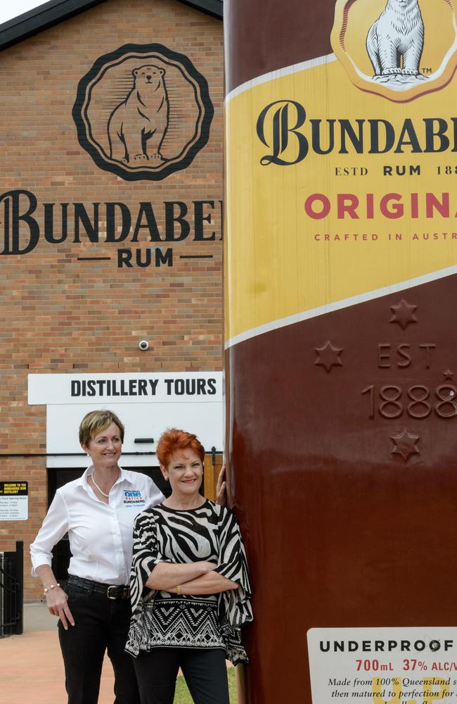 One Nation leader Senator Pauline Hanson with Bundaberg candidate Jane Truscott at the Bundaberg Rum Distillery. Picture: AAP/Paul Beutel