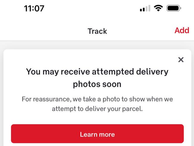 A notification in the AusPost app on Thursday. Picture: News.com.au