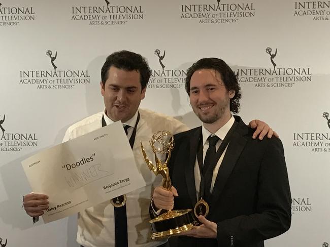 Directors/writers Daley Pearson (l) and Benjamin Zaugg accept the award. Picture: Supplied