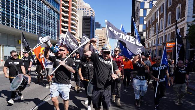 CFMEU members gathered in Victoria Square, Adelaide, to rally as part of a national day of action. Thousands of construction workers have walked off the job across the country, demanding a pay rise of at least 7%. Picture: CFMEU SA