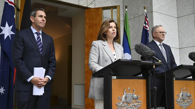 Jim Chalmers, Anika Wells and Anthony Albanese on Thursday. Picture: NewsWire / Martin Ollman