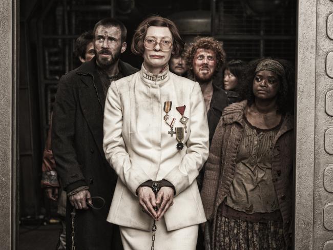 L-R: Chris Evans, Tilda Swinton, Ewen Bremner, Octavia Spencer in a scene from film Snowpiercer