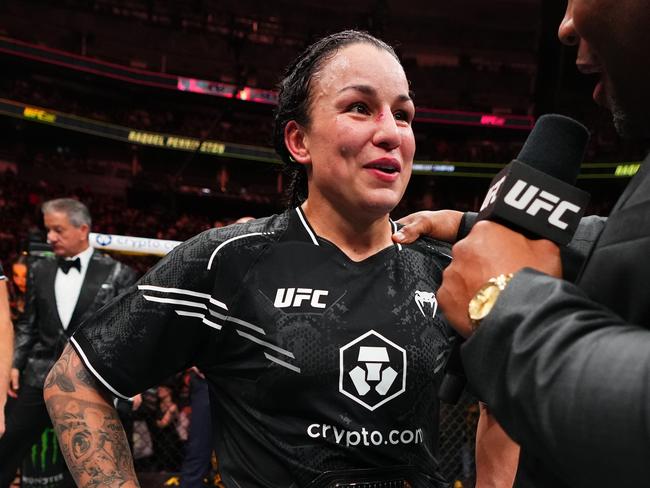 TORONTO, ONTARIO - JANUARY 20: Raquel Pennington reacts after her victory against Mayra Bueno Silva of Brazil in a UFC bantamweight championship bout during the UFC 297 event at Scotiabank Arena on January 20, 2024 in Toronto, Ontario. (Photo by Jeff Bottari/Zuffa LLC via Getty Images)