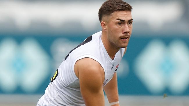 MELBOURNE, AUSTRALIA - FEBRUARY 24: Jade Gresham of the Saints in action during an AFL practice match between the Carlton Blues and the St Kilda Saints at Ikon Park on February 24, 2022 in Melbourne, Australia. (Photo by Michael Willson/AFL Photos via Getty Images)