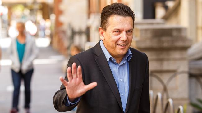 Nick Xenophon after the March state election. Despite Centre Alliance founder Mr Xenophon disappearing from the political stag, the party’s Rebekha Sharkie won the Mayo by-election.