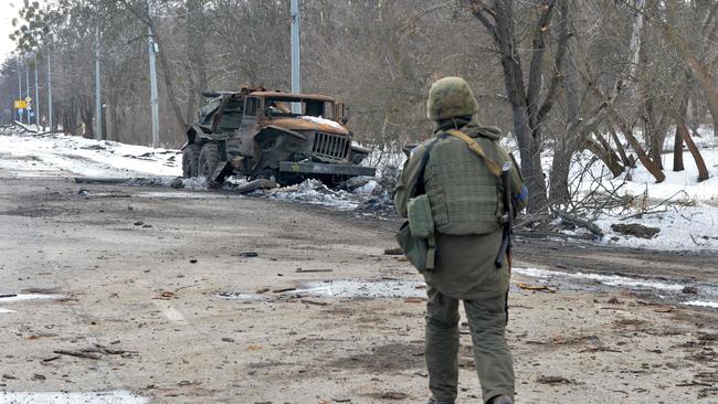 A destroyed Russian army multiple rocket launcher. Picture: AFP