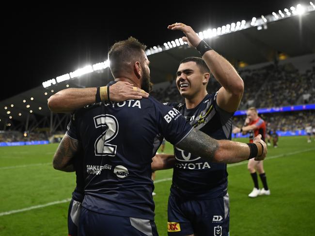 TOWNSVILLE, AUSTRALIA - AUGUST 17: Kyle Feldt of the Cowboys celebrates after scoring a try during the round 24 NRL match between North Queensland Cowboys and Canberra Raiders at Qld Country Bank Stadium, on August 17, 2024, in Townsville, Australia. (Photo by Ian Hitchcock/Getty Images)