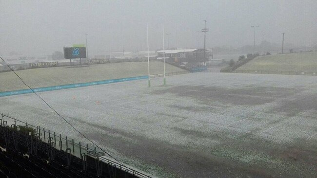 Hail forced Gold Coast footballers off the field in Semi-Final clash. Picture: Paul Mills