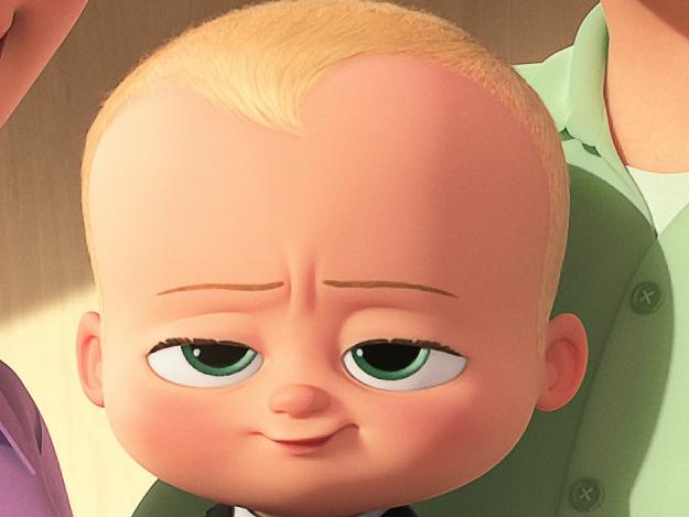 Scene from animated film The Boss Baby L-R: Mother (voiced by Lisa Kudrow), Baby (Alec Baldwin) and Father (Jimmy Kimmel)