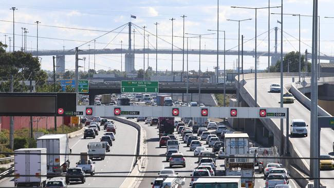 Peak hour congestion on the Westgate Freeway outbound to Westgate Bridge. Picture: David Caird