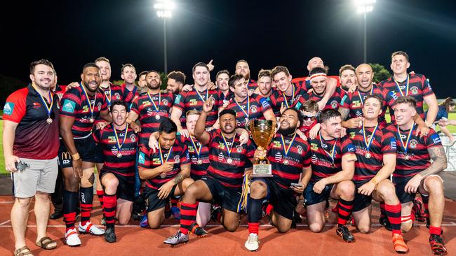 JCU Mariners belt out the team song after winning the FNQ Rugby premiership.