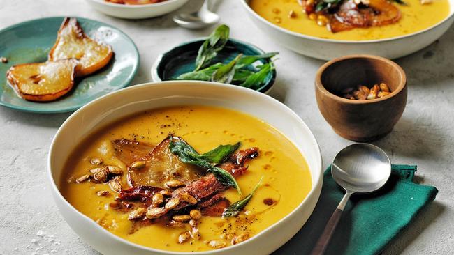 Add some pear and bacon to your traditional pumpkin soup.