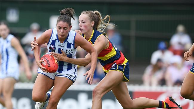 Jasmine Simmons (right) will return to West Adelaide after another AFLW season with the Crows. Picture: Mark Brake/Getty Images