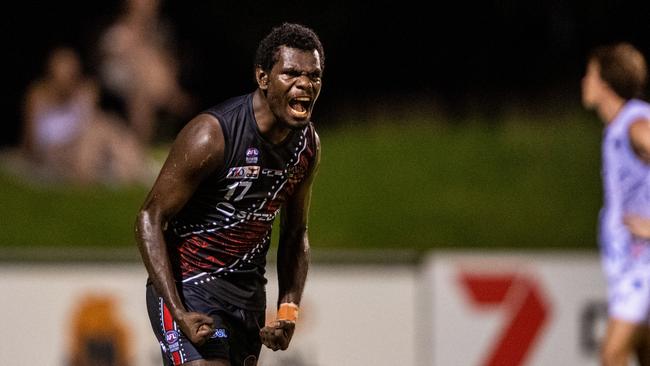 Karlson Kantilla with a goal for the Tiwi Bombers against Southern Districts in Round 3 of the 2024-25 NTFL season. Picture: Pema Tamang Pakhrin