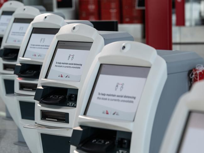 Closed Qantas self check-in counters at Sydney Airport. Picture: AAP.