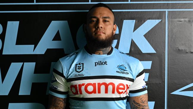 Addin Fonua-Blake wearing the Sharks colours for the first time. Credit: Supplied.