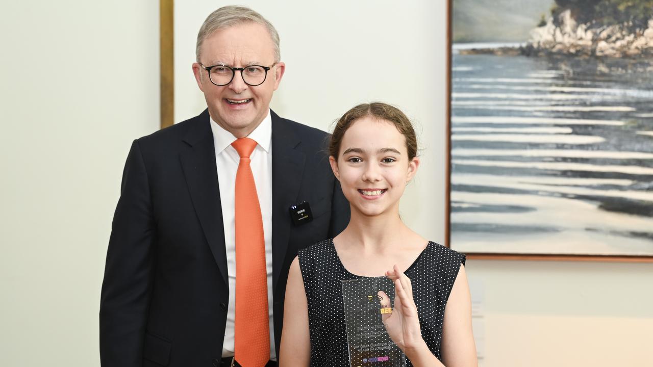 Prime Minister Anthony Albanese with Orange level champion (Years 5-6) category, Jillian Strong at Parliament House in Canberra. Picture: NewsWire / Martin Ollman