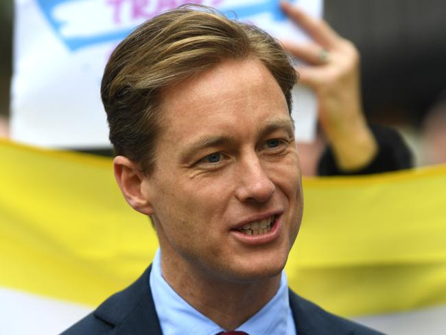 Sam Hibbins MP speaks to media during a press conference outside of the Victorian State Parliament in Melbourne, Wednesday, August 14, 2019. The bill, which allows Trans and gender diverse people to alter their birth certificate was introduced into parliament today. (AAP Image/James Ross) NO ARCHIVING