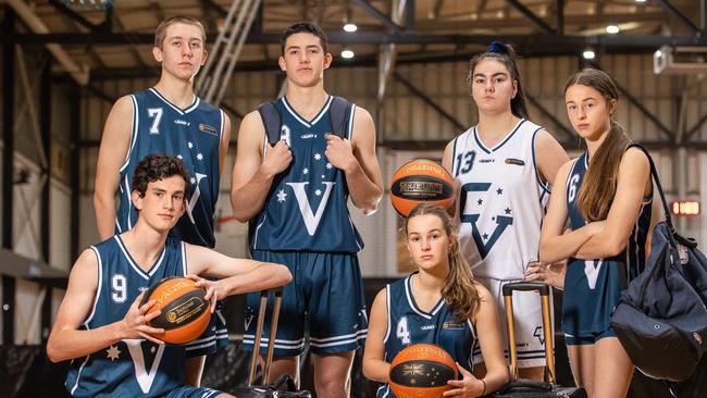 Disappointed Victorian under-16 basketballers Oscar, 15, Luke, 15, Jesse, 14, Georgia, 14, Hayle, 15 and Bonnie, 15. Picture: Jason Edwards