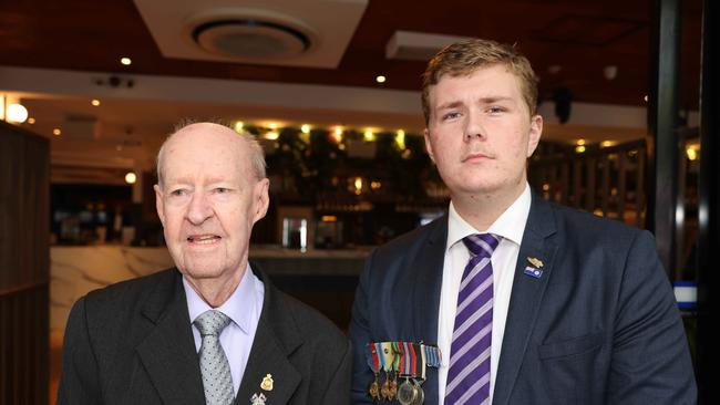 Barry Reardon and Tobias Reds Hawt at the Surfers Paradise RSL Anzac Day noon service 2025 at Cavill Park for Gold Coast at Large. Picture, Portia Large.