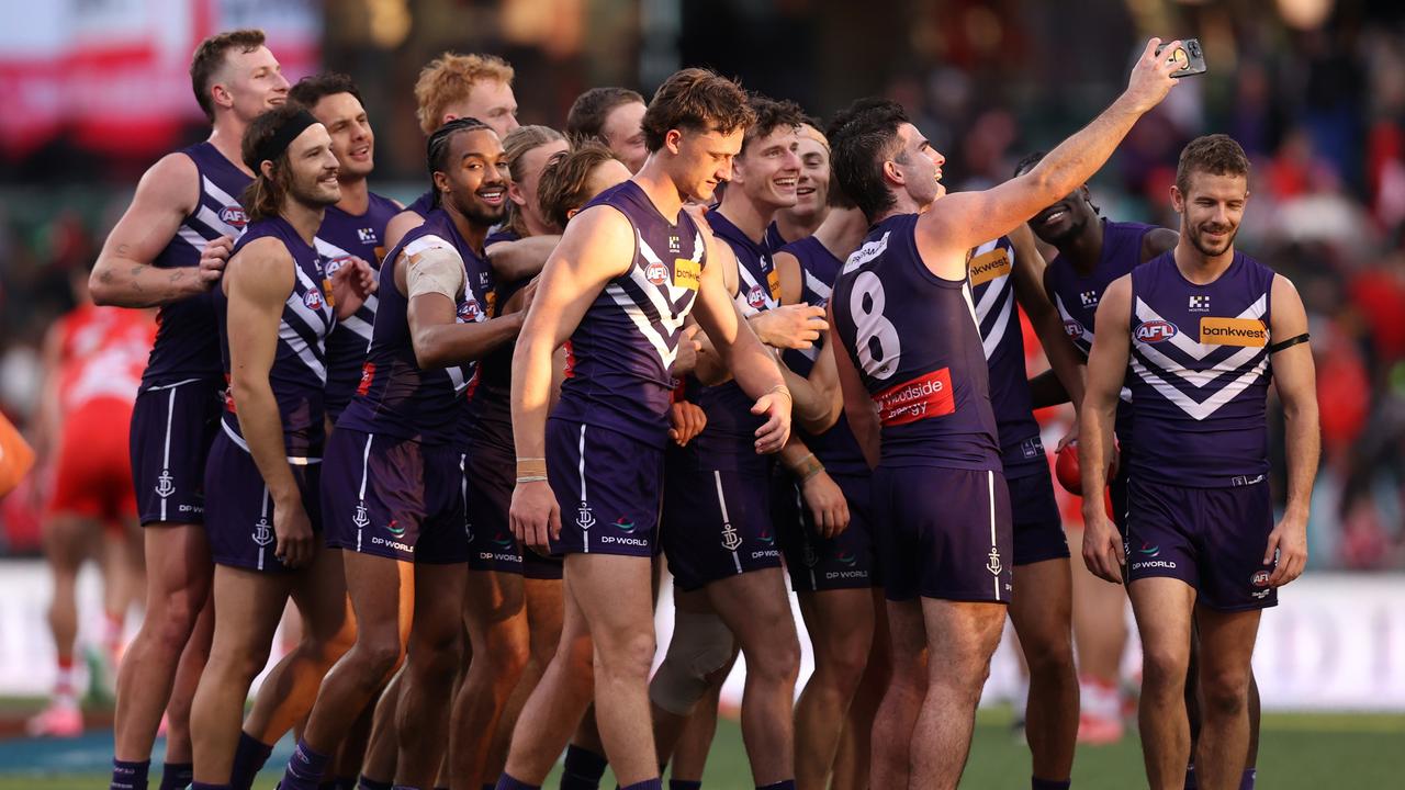 Brayshaw takes a selfie with teammates after the Dockers’ win. (Photo by Jason McCawley/AFL Photos/via Getty Images)