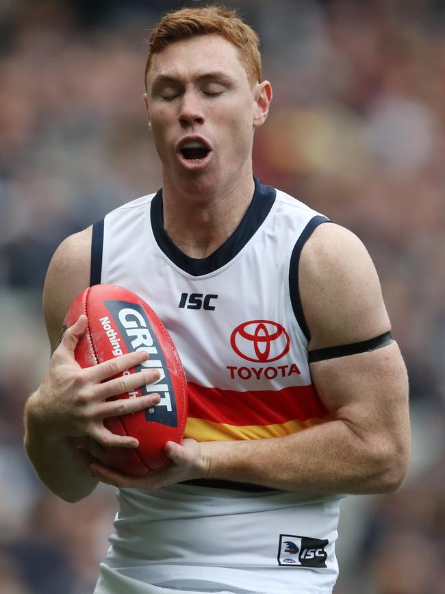 Tom Lynch takes a mark for the Crows at the MCG. Picture: AAP IMAGE/DAVID CROSLING