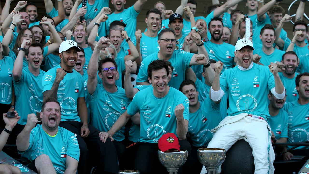 The Mercedes team celebrate winning the constructors championship. Picture: Charles Coates