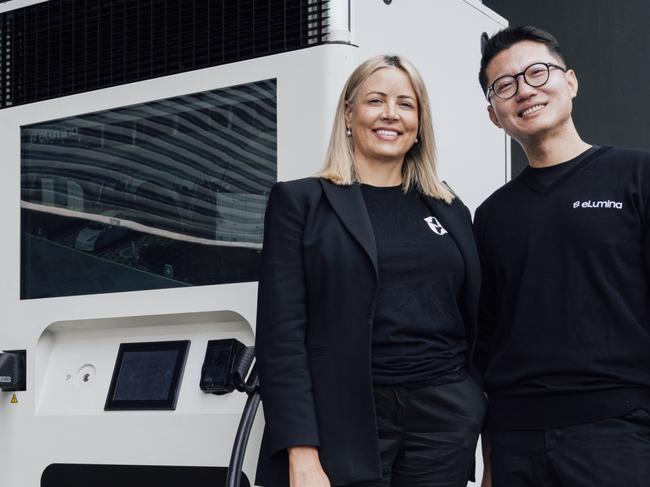 eLumina is opening a $20m EV charger and battery factory at Yatala. eLumina CEO Lisa Marsh and chief operating officer Chris Yang.