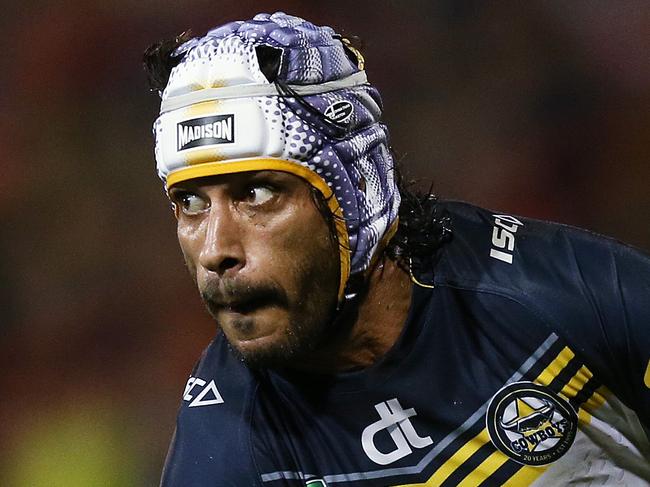 Cowboys Johnathan Thurston throws a pass that results in a try during NRL match Penrith Panthers v Nth Qld Cowboys at Penrith. pic. Phil Hillyard