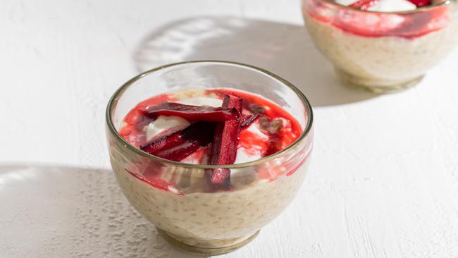 Rice pudding with rhubarb recipe by Elizabeth Hewson. Picture: Nikki To