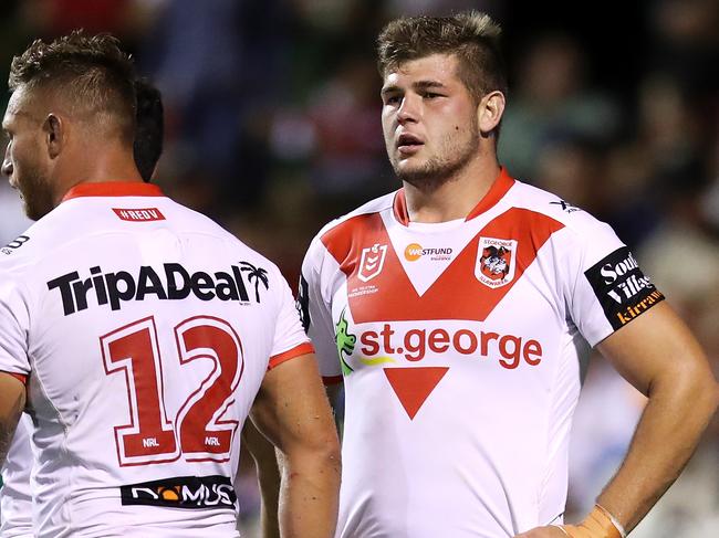 MUDGEE, AUSTRALIA - MARCH 02: Blake Lawrie of the Dragons looks dejected after a Rabbitohs try during the NRL Trial match, which is the Charity Shield match between the South Sydney Rabbitohs and the St George Illawarra Dragons at Glen Willow Stadium on March 02, 2019 in Mudgee, Australia. (Photo by Mark Kolbe/Getty Images)