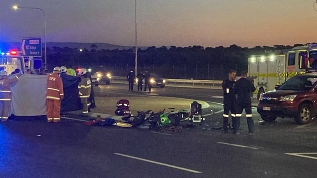 Main South Road is blocked for southbound traffic at Aldinga after a car and motorbike collided at the Malpas Road intersection. Picture: 7NEWS