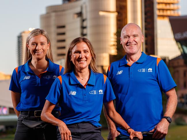 Santos Tour Down Under's Race Director Stuart O'Grady with Assistant Directors Annette Edmondson (L) and Carlee Taylor, at Pinky Flat.