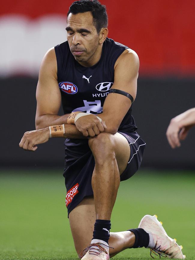 Eddie Betts takes a knee before Carlton’s match against Melbourne on Saturday. Picture: Michael Klein