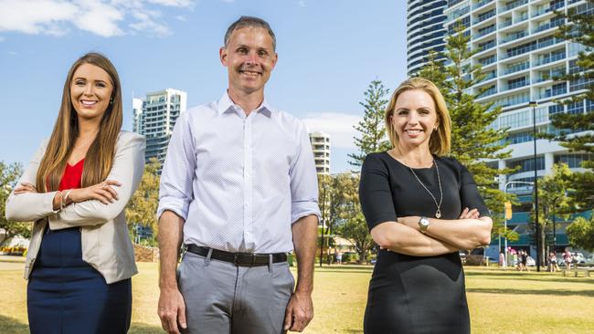 Gold Coast Labor candidates for the election. Photo: Meaghan Scanlon, Rowan Holzberger and Georgi Leader. Photo: Glenn Hunt/The Australian