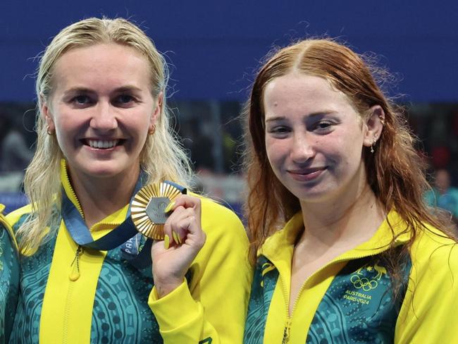 NANTERRE, FRANCE - AUGUST 01: Gold medalists Lani Pallister, Brianna Throssell, Ariarne Titmus and Mollie O'Callaghan of Team Australia pose during the Swimming medal ceremony after the Women's 4x200m Freestyle Relay Final on day six of the Olympic Games Paris 2024 at Paris La Defense Arena on August 01, 2024 in Nanterre, France. (Photo by Xavier Laine/Getty Images)