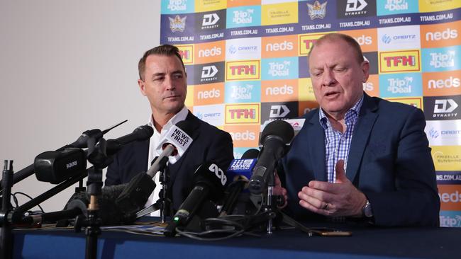 Titans CEO Steve Mitchell and Chairman Dennis Wattat couldn’t jump the gun. Photo: Glenn Hampson