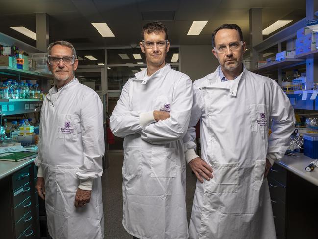 12th March 2020.Inventors of molecular clamp vaccine for coronavirus: L-R, Professor Paul Young, Dr Keith Chappell and Professor Trent Munro in a lab at The University of Queensland.Photo: Glenn Hunt / The Australian