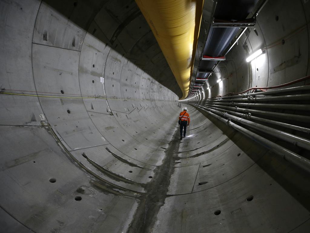 Underground in the North West Rail Link tunnel near Bella Vista. The North West Rail Link is underway and TBM Elizabeth has cut through 1092metres of earth travelling East from Bella Vista. Picture: Bradley Hunter