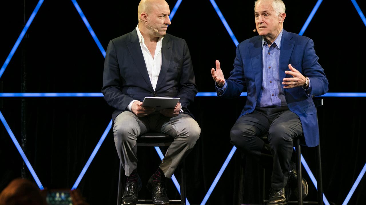 Mr Turnbull in conversation with Matt Marrie, the CEO of freelancer.com, at StartCon this morning. Picture: Dylan Robinson