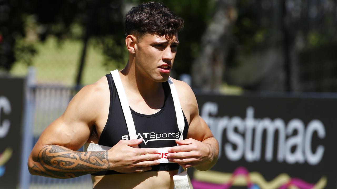 Jordan Riki during the Broncos training session at Red Hill. Picture: Tertius Pickard