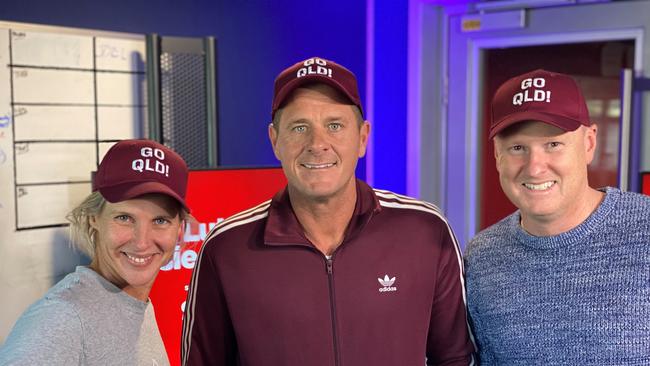 Nova 106.9 breakfast hosts Susie O'Neill, Ash Bradnam and David "Luttsy" Lutterall are ready for State of Origin with the Go Qld caps available with the paper this weekend. Picture: supplied.