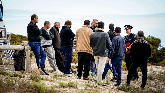 Police talk to relatives at the scene of the drowning at Browns Beach, Yorke Peninsula. Picture: Mike Burton