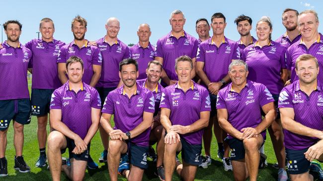 The team driving Melbourne Storm to NRL grand final! Back row: Dan Di Pasqua, Marc Brentnall, Aaron Bellamy, Meirion Jones, Lachlan Penfold, Jason Ryles, Houston Wade, Marcus Kain, Darcy Parkinson, Regan Gardiner, Ryan Hoffman, Brian Phelan. Front row: Chris Tandy, Dr Jason Chan, Matt Barradeen, Craig Bellamy, Frank Ponissi, Ryan Hinchcliffe. Picture: NRL Images.