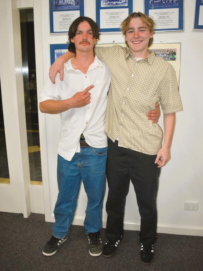 The Mirboo North Football Netball Club Tigers Presentation Night 2024 on Saturday, September 21, 2024: Tom McGrath and Taj Wilkins. Picture: Jack Colantuono