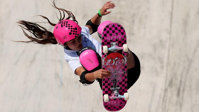 Fourteeen-year-old Arisa Trew competes in the women’s park skateboard event at Place de la Concorde in Paris. Picture: Getty Images