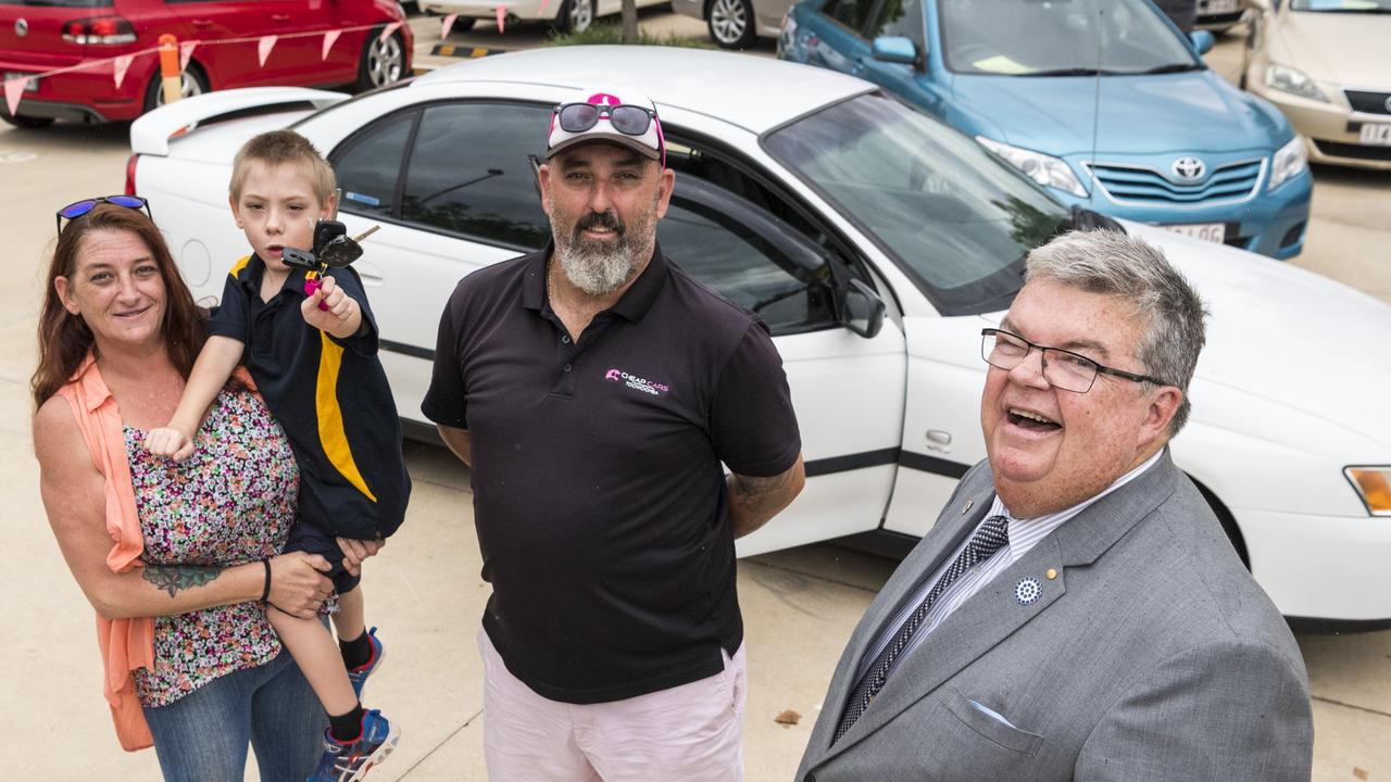 At the handover (from left) Deanne and Jax Carey with Cheap Cars Toowoomba manager Les Hollist and Lifeline Darling Downs and South West CEO Derek Tuffield as she picks up her 2004 Holden Commodore generously donated by Cheap Cars. Picture: Kevin Farmer